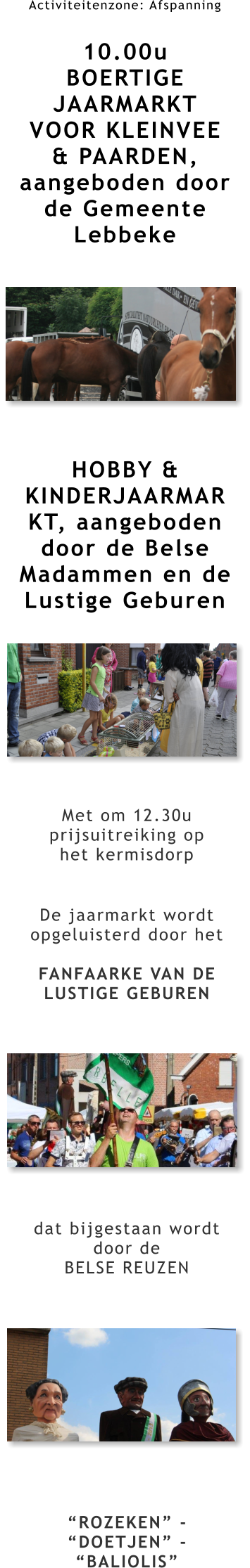 Activiteitenzone: Afspanning  10.00u BOERTIGE JAARMARKT VOOR KLEINVEE & PAARDEN, aangeboden door de Gemeente Lebbeke         HOBBY & KINDERJAARMARKT, aangeboden door de Belse Madammen en de Lustige Geburen Met om 12.30u prijsuitreiking op het kermisdorp De jaarmarkt wordt opgeluisterd door het  FANFAARKE VAN DE LUSTIGE GEBUREN            dat bijgestaan wordt door de BELSE REUZEN             “ROZEKEN” - “DOETJEN” - “BALIOLIS”