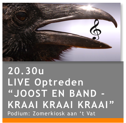 20.30u LIVE Optreden “JOOST EN BAND - KRAAI KRAAI KRAAI” Podium: Zomerkiosk aan ‘t Vat