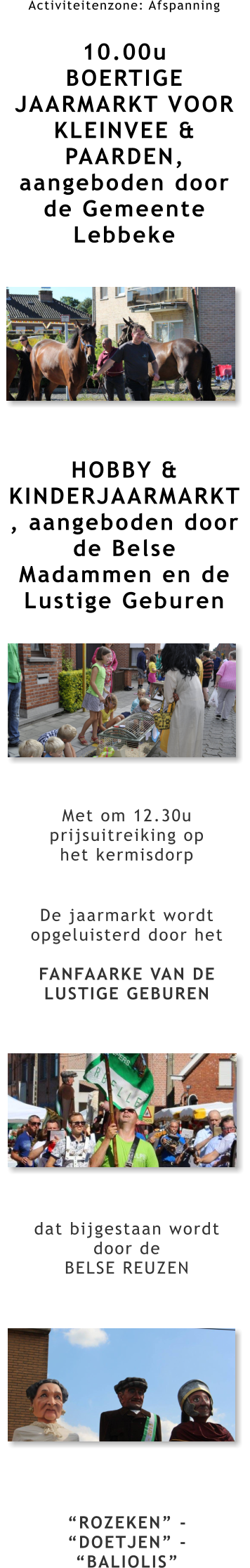 Activiteitenzone: Afspanning  10.00u BOERTIGE JAARMARKT VOOR KLEINVEE & PAARDEN, aangeboden door de Gemeente Lebbeke         HOBBY & KINDERJAARMARKT, aangeboden door de Belse Madammen en de Lustige Geburen Met om 12.30u prijsuitreiking op het kermisdorp De jaarmarkt wordt opgeluisterd door het  FANFAARKE VAN DE LUSTIGE GEBUREN            dat bijgestaan wordt door de BELSE REUZEN             “ROZEKEN” - “DOETJEN” - “BALIOLIS”