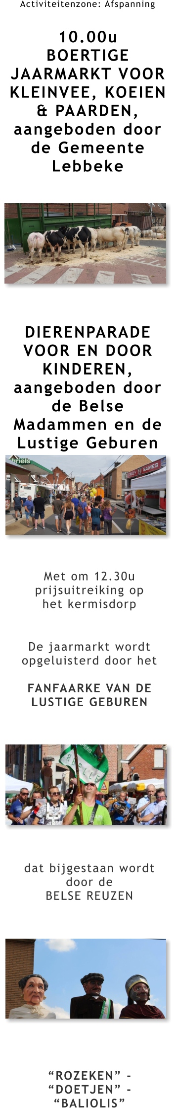 Activiteitenzone: Afspanning  10.00u BOERTIGE JAARMARKT VOOR KLEINVEE, KOEIEN & PAARDEN, aangeboden door de Gemeente Lebbeke         DIERENPARADE VOOR EN DOOR KINDEREN, aangeboden door de Belse Madammen en de Lustige Geburen Met om 12.30u prijsuitreiking op het kermisdorp De jaarmarkt wordt opgeluisterd door het  FANFAARKE VAN DE LUSTIGE GEBUREN            dat bijgestaan wordt door de BELSE REUZEN             “ROZEKEN” - “DOETJEN” - “BALIOLIS”