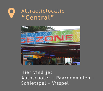 Attractielocatie “Central”          Hier vind je:  Autoscooter - Paardenmolen - Schietspel - Visspel 